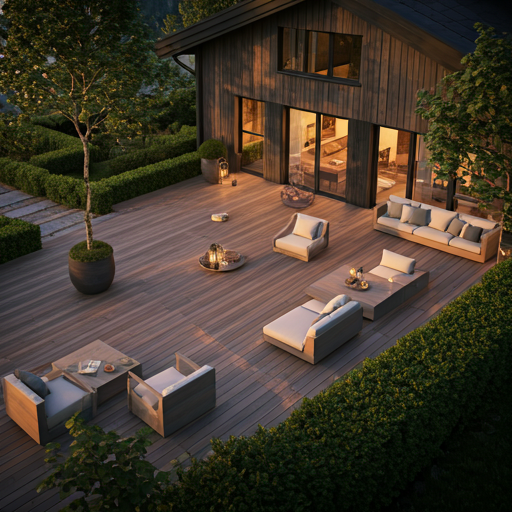 Sprawling wooden terrace with outdoor lounge furniture, manicured hedges, and warm golden-hour light filtering through mature trees.